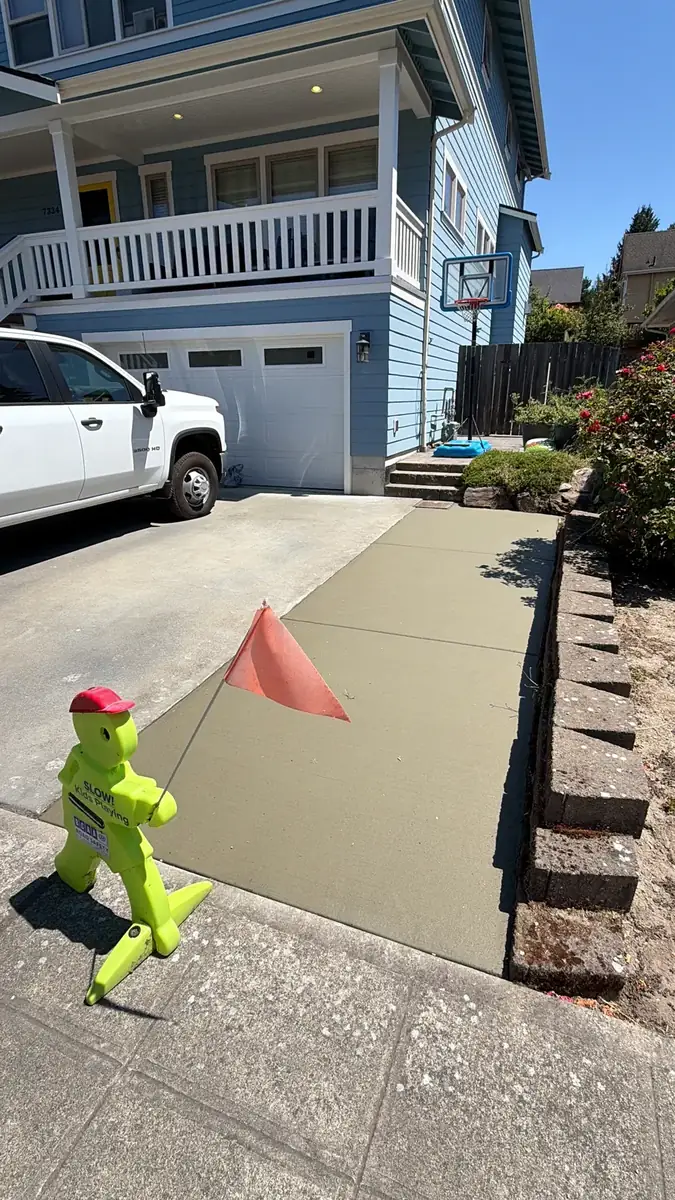 New broom-finished concrete walkway along the side of a house in Olympia, WA